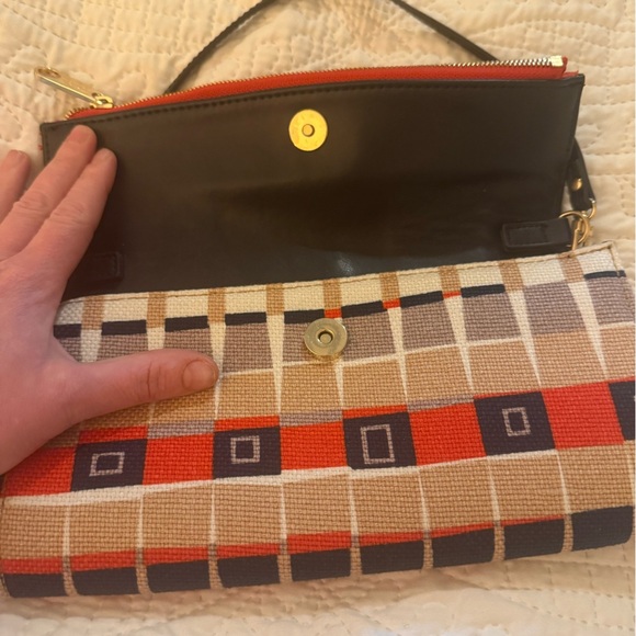 Spartina 449 Natural Linen & Leather Red/Black Geometric Clutch - NWOT - Picture 3 of 12